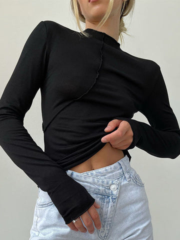 Asymmetric Solid Color Long Sleeves Skinny Mock Neck T-Shirts Tops