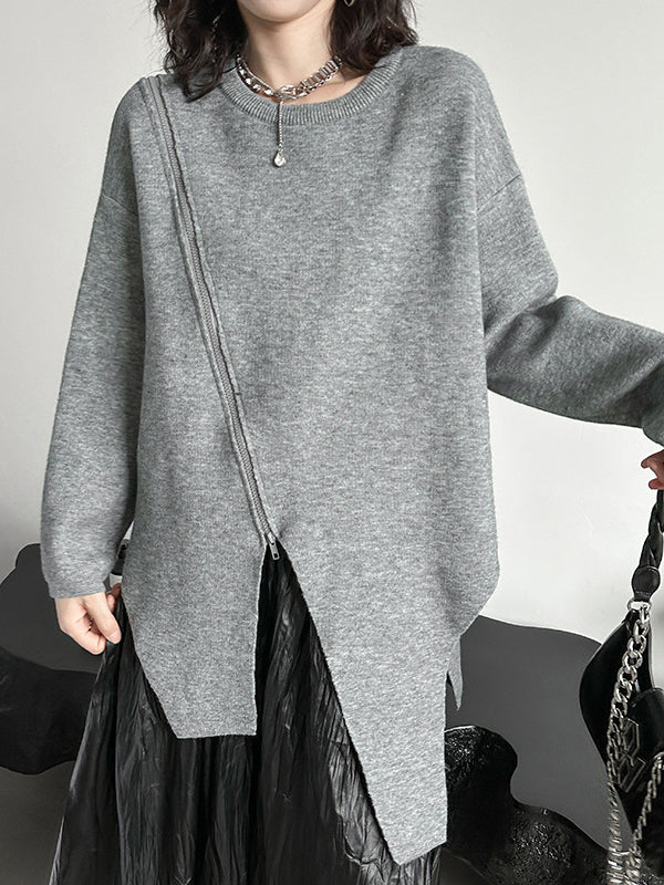 Asymmetric Solid Color Zipper High-low Long Sleeves Round-neck Sweater Tops Pullovers