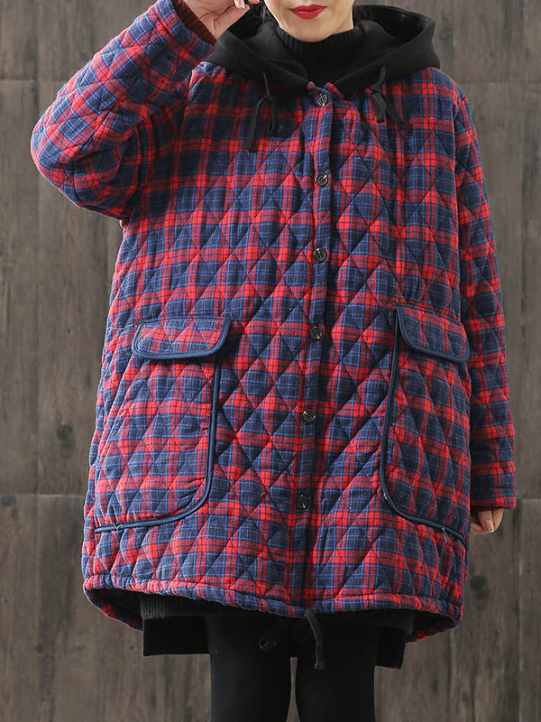 Vintage Loose Plaid Quilted Hooded Padded Coat