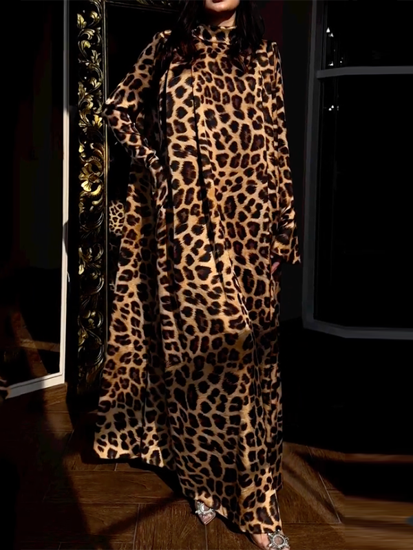 Leopard Flared Sleeves Long Sleeves High-neck Maxi Dresses