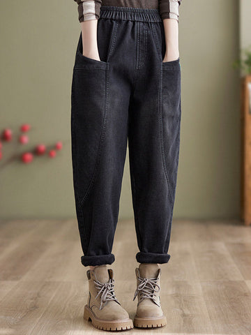 Casual Loose Velvet Solid Color With Pockets Harem Jean Pants Bottoms