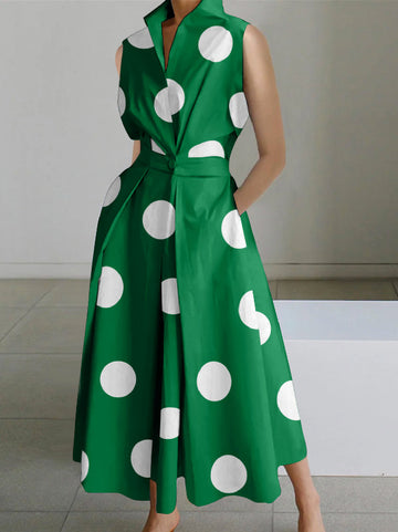 Sleeveless Polka Dot Lapel Midi Dresses