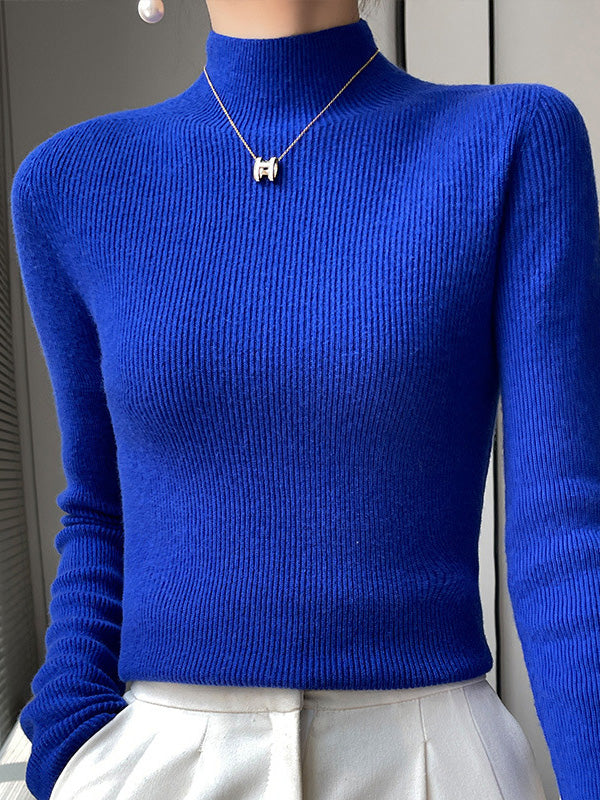 Casual Skinny Long Sleeves Solid Color Half Turtleneck Sweater Tops