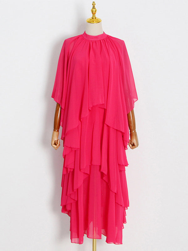 Solid Color Tiered Loose Raglan Sleeve Stand Collar Maxi Dresses