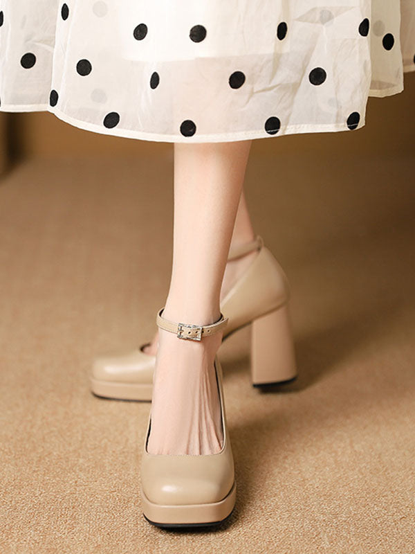 Lace-Up Shallow Cut Square-Toe Pumps Mary Janes