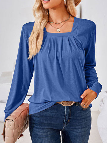 Pleated Solid Color Long Sleeves Loose Square-Neck T-Shirts Tops