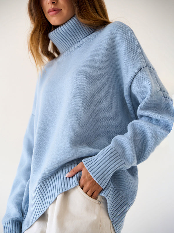 Solid Color Long Sleeves Loose High Neck Sweater Tops Pullovers Knitwear