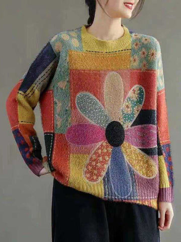 Flower Print Rhine Stones High-low Long Sleeves Round-neck Sweater Tops Pullovers