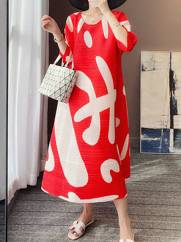 Pleated Printed Loose Three-Quarter Sleeves Round-Neck Midi Dresses