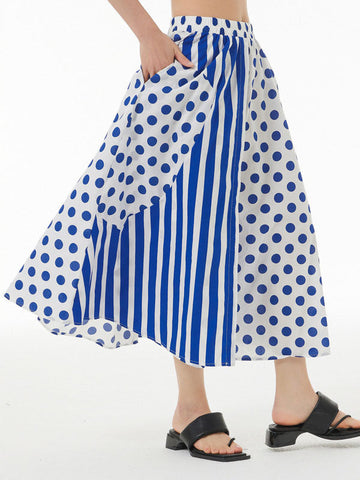 Polka-Dot Split-Joint Striped High Waisted Loose Skirts Bottoms