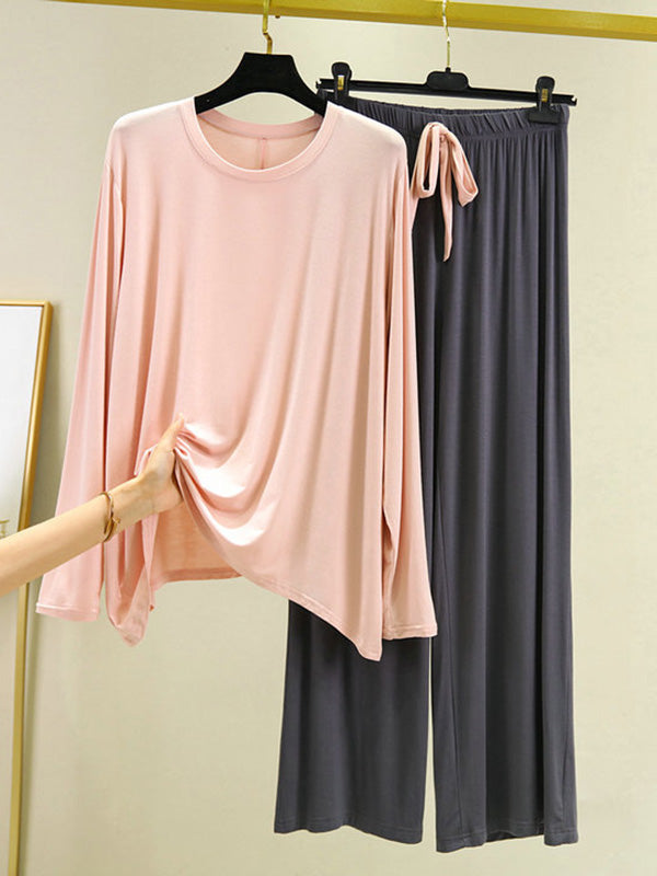 Casual Wide Leg Long Sleeves Drawstring Round-Neck Pajamas Set