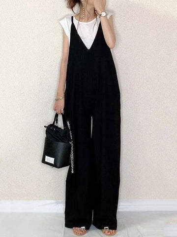 Solid Color Split-Joint Loose Sleeveless Spaghetti-Neck Overalls