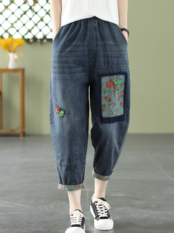 Artistic Retro Vintage Loose Applique Harem Jean Pants