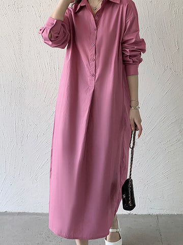 Urban Loose Solid Color Lapel Collar Shirt Midi Dresses