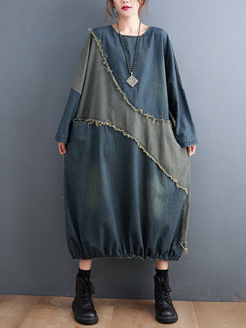 Original Loose Denim Contrast Color Round-Neck Long Sleeves Midi Dress