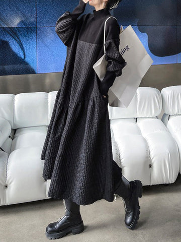 Asymmetric Solid Color Split-Joint A-Line Long Sleeves High-Neck Sweater Dresses Midi Dresses