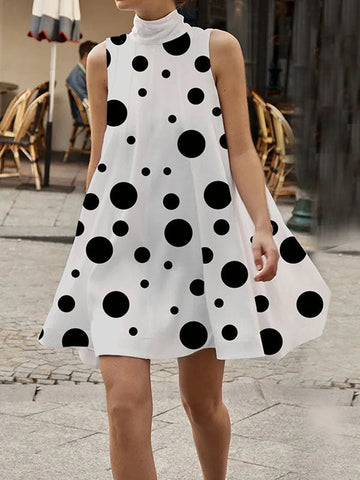 Sleeveless A-Line Polka Dot High-Neck Mini Dresses