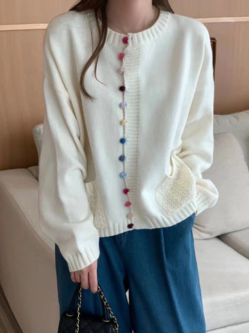 Buttoned Contrast Color Pockets Long Sleeves Loose Round-Neck Cardigan Tops