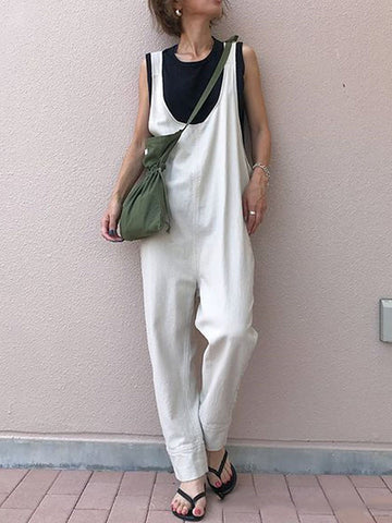 Solid Color Split-Joint Loose Sleeveless U-Neck Overalls