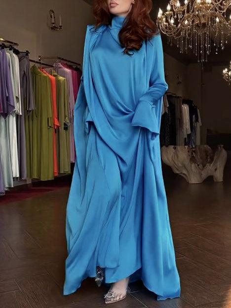 Solid Color Flared Sleeves Long Sleeves High-neck Maxi Dresses