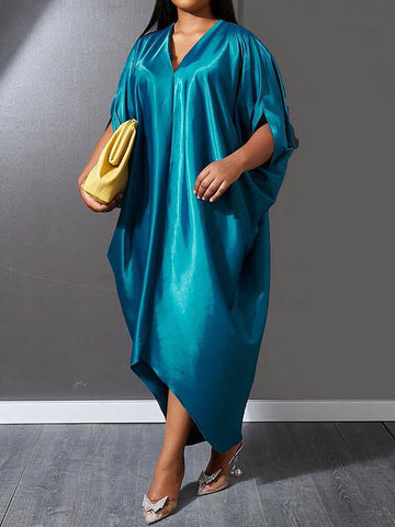 Solid Color Batwing Sleeves High-Low Deep V-Neck Maxi Dresses