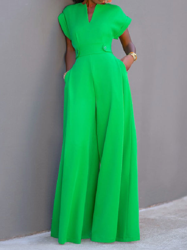 Urban Cap Sleeve Solid Color Wide Leg Jumpsuits