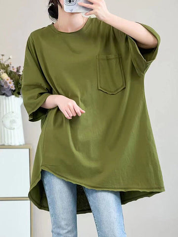 Asymmetric Solid Color Half Sleeves Loose Round-neck T-shirts