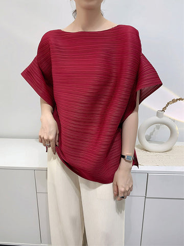 Pleated Solid Color Batwing Sleeves Loose Round-Neck T-Shirts Tops