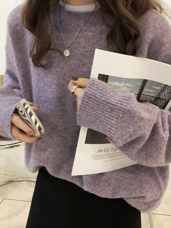 Simple Loose Long Sleeves Round-Neck Sweater Tops Pullovers