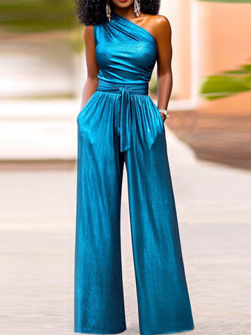 Solid Color High Waisted Sleeveless One-shoulder Jumpsuits