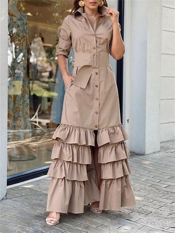 Falbala Solid Color Long Sleeves Lapel Collar Maxi Dresses