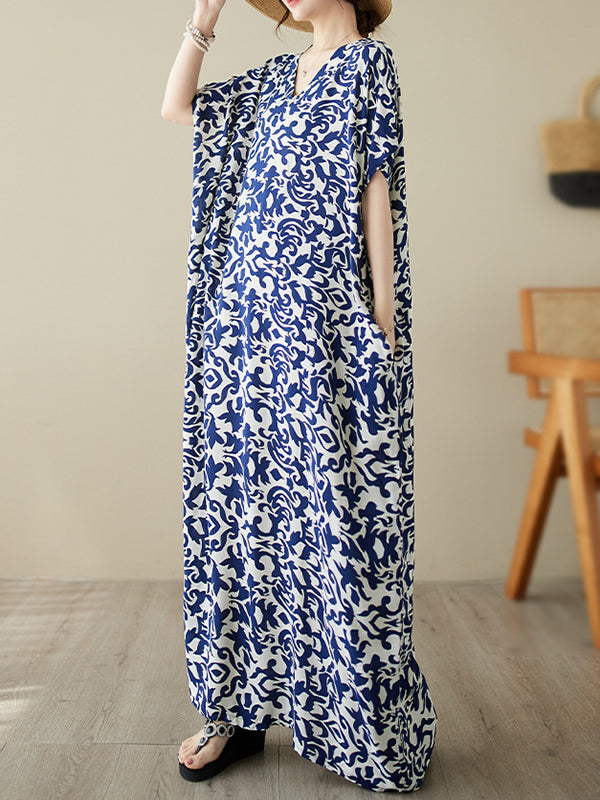 Floral Printed Batwing Sleeves Loose V-Neck Maxi Dresses