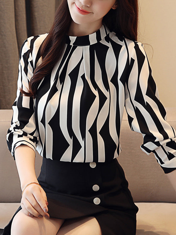 Contrast Color Printed Long Sleeves Loose Mock Neck Blouses&shirts Tops