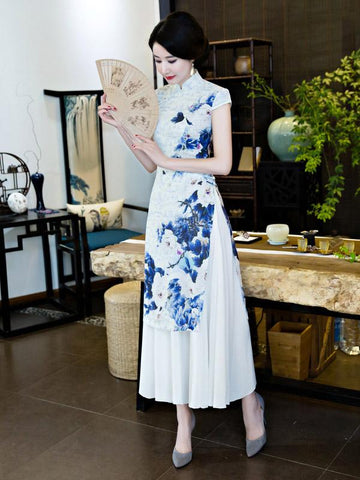 White&Blue Flower Split-side Ao Dai Cheongsam