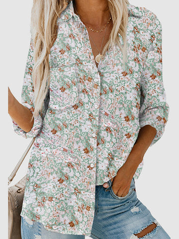 Buttoned Flower Print Pockets High-Low Long Sleeves Lapel Blouses&Shirts Tops