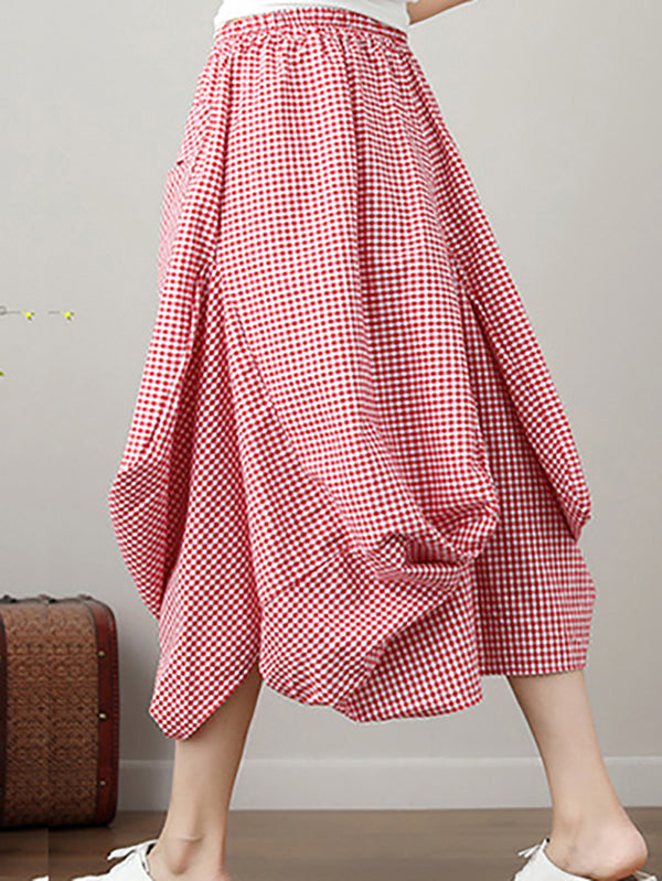 Artistic Retro Ramie Cotton Plaid Loose Irregular Elasticity Skirt