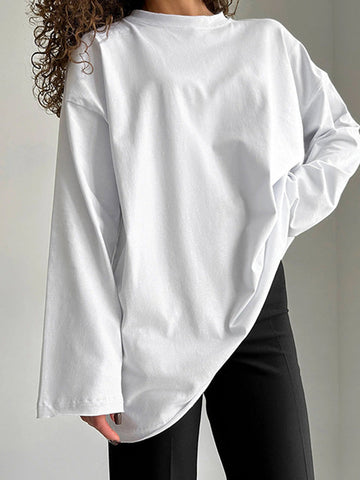 Solid Color Long Sleeves Loose Round-Neck T-Shirts Tops