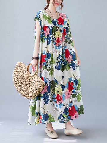 Original Loose Artistic Retro Floral Printed Pleated Midi Dress