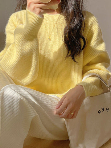 Solid Color Long Sleeves Loose Round-Neck Sweater Tops Pullovers