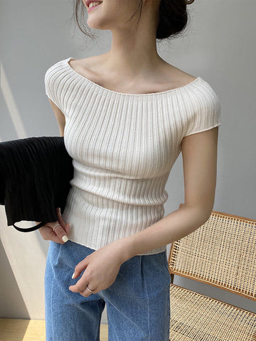 Solid Color Short Sleeves Skinny Boat Neck Sweater Pullovers Knitwear