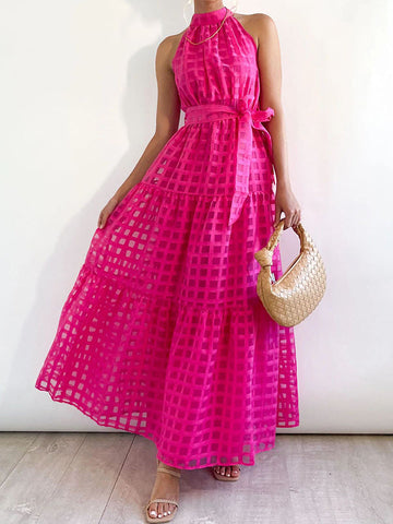 Plaid Ribbed Loose Sleeveless Stand Collar Maxi Dresses