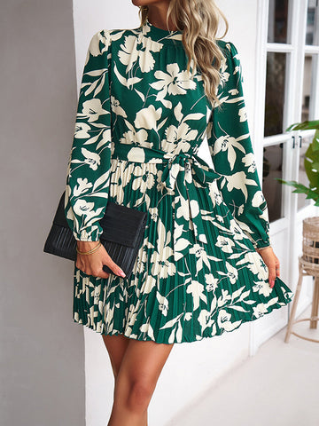 Flower Print Pleated Tied Waist High Waisted Long Sleeves Mock Neck Mini Dresses