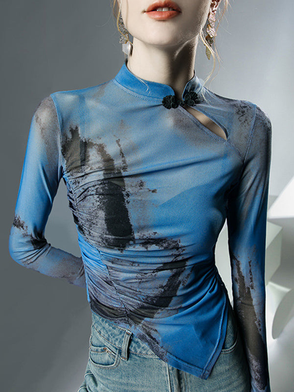 Asymmetric Hollow Mesh See-Through Wash Painting Long Sleeves Plus Size Mock Neck T-Shirts Tops