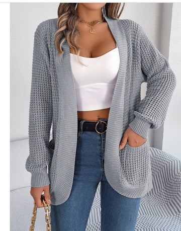 Pockets Solid Color Long Sleeves Loose Collarless Cardigan Tops