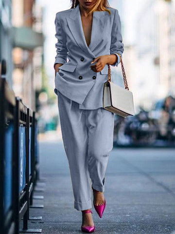 Two Pieces Long Sleeve Blazer Office Work Business Pant Set Outfit Suit