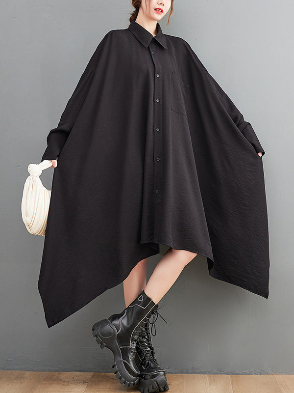 Asymmetric Buttoned Pockets Solid Color A-Line High-Low Lapel Shirt Dress Midi Dresses