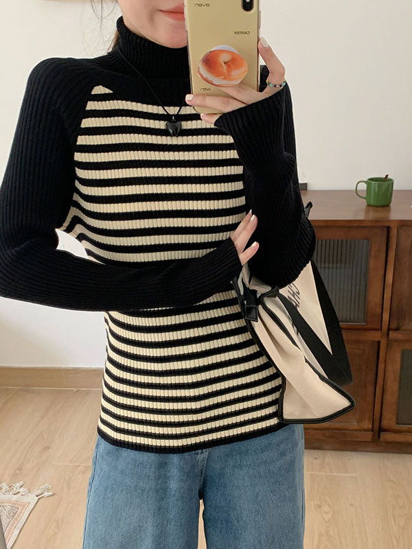 Contrast Color Striped Long Sleeves Skinny High Neck Sweater Tops Pullovers