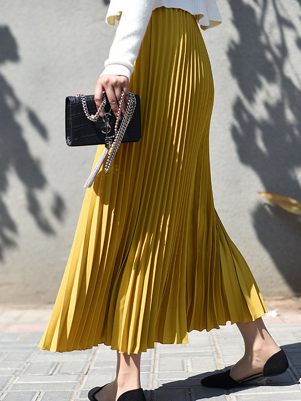 Stylish Pleated Solid Color Elastic Waist Skirts