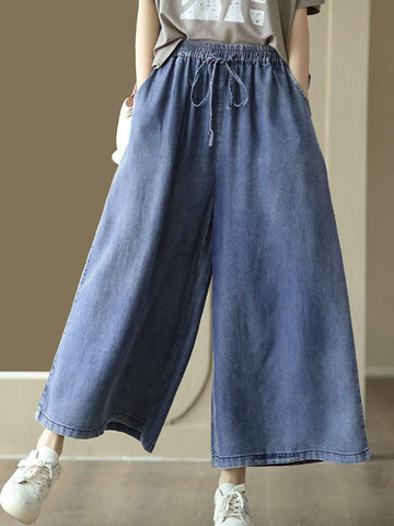 Drawstring Elasticity Pockets Wide Leg High Waisted Ninth Pants Jean Pants Bottoms