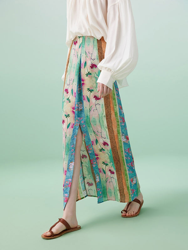 Contrast Color Flower Print Split-Front Wrap Skirts Bottoms